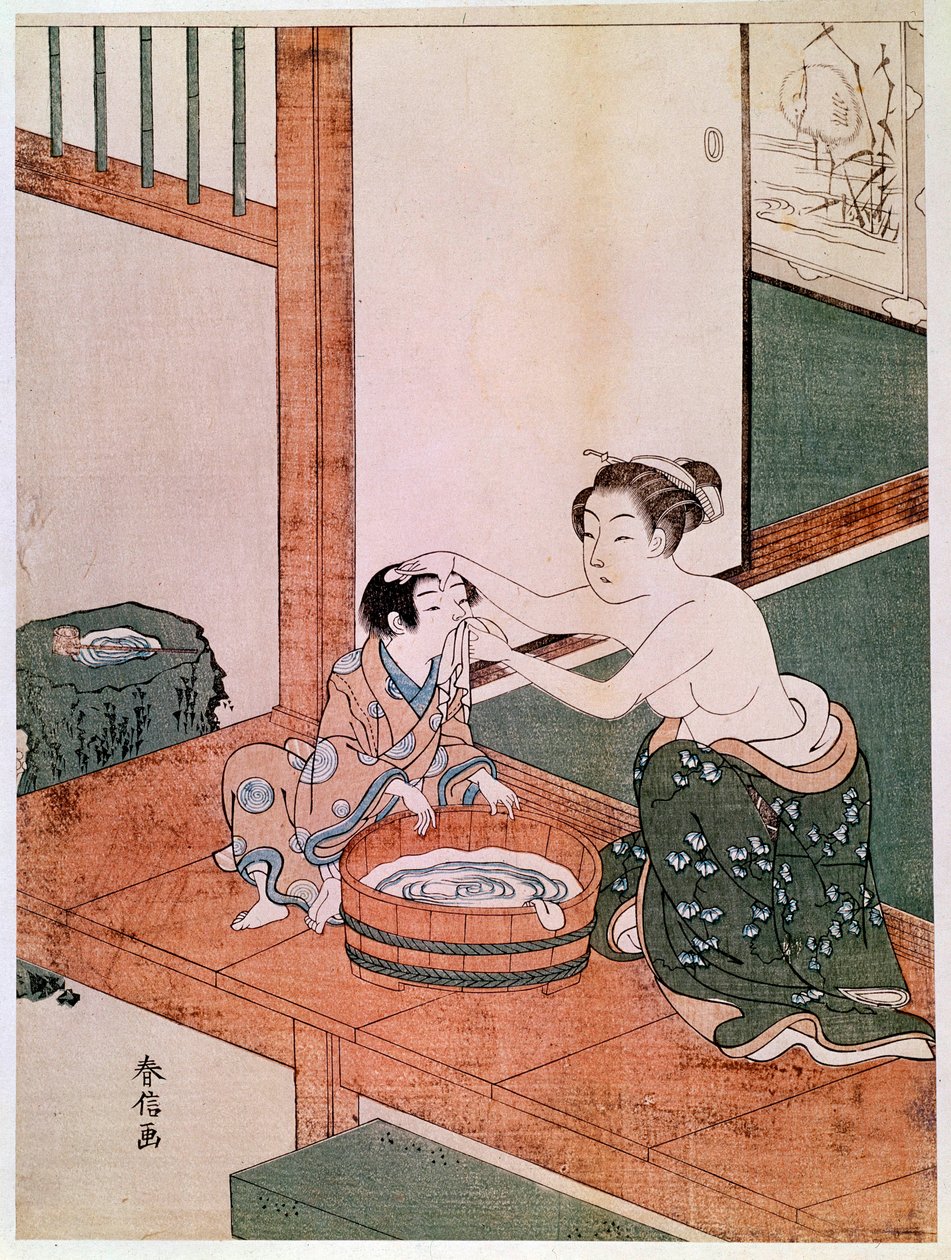 En naken mamma tvättar sitt barn i Japan nära en bassäng fylld med vatten. Tryck av Haronobu Suzuki (1725 -1770). 1766-1768. Dämpa. 0,27x0,201 m. Paris, Guimet-museet, Nationalmuseet för asiatisk konst av Suzuki Harunobu