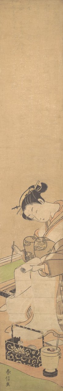 En Oiran sitter på en säng och skriver ett brev, ca. 1769., ca. 1769. av Suzuki Harunobu