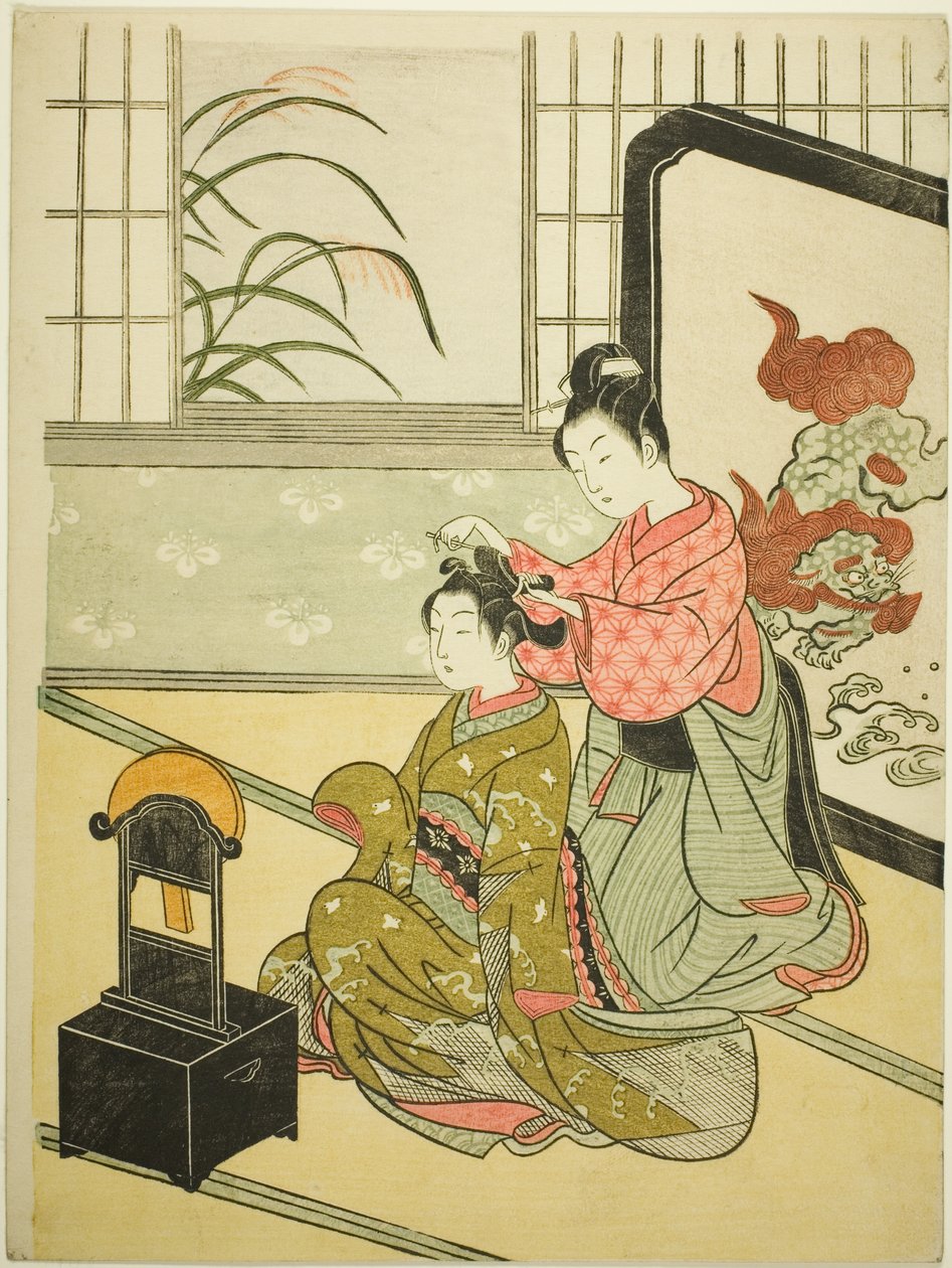 Autumn Moon in the Mirror (Kyodai no shugetsu), från serien "Eight Views of the Parlour (Zashiki hakkei)" av Suzuki Harunobu