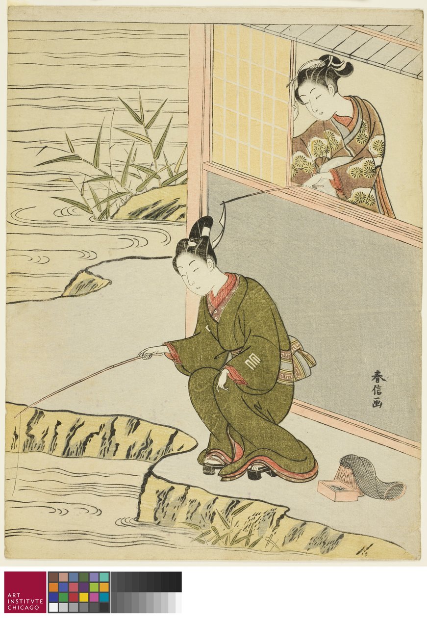 Skönhet retar en ung man som fiskar, ca. 1768 av Suzuki Harunobu