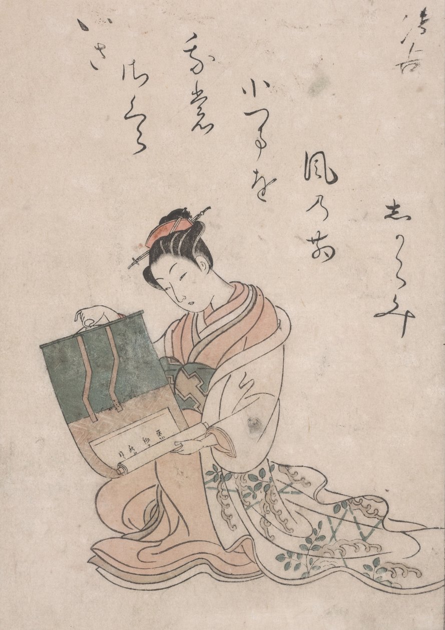 Beauty Unrolling Scroll, ca 1770 (träsnitt i färg på japanskt papper) av Suzuki Harunobu