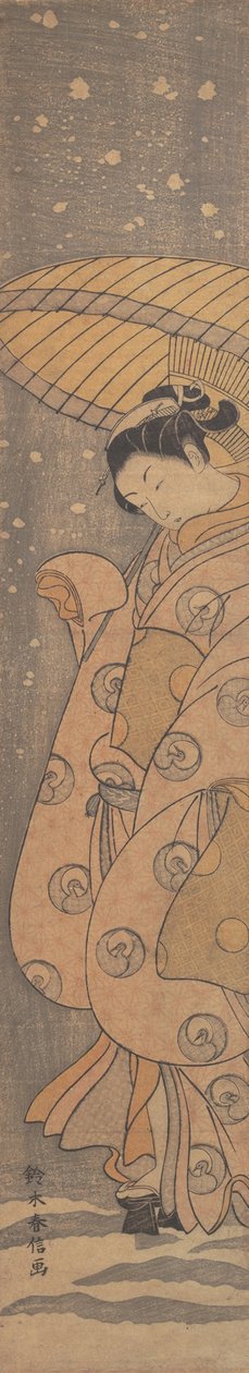 Skönhet under ett paraply i snön, ca. 1770., ca. 1770. av Suzuki Harunobu