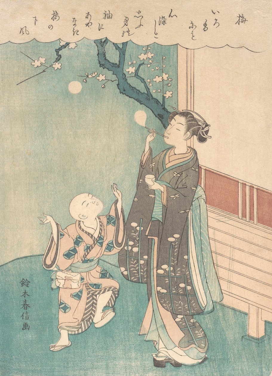 Blåser såpbubblor under plommonblomningen. av Suzuki Harunobu