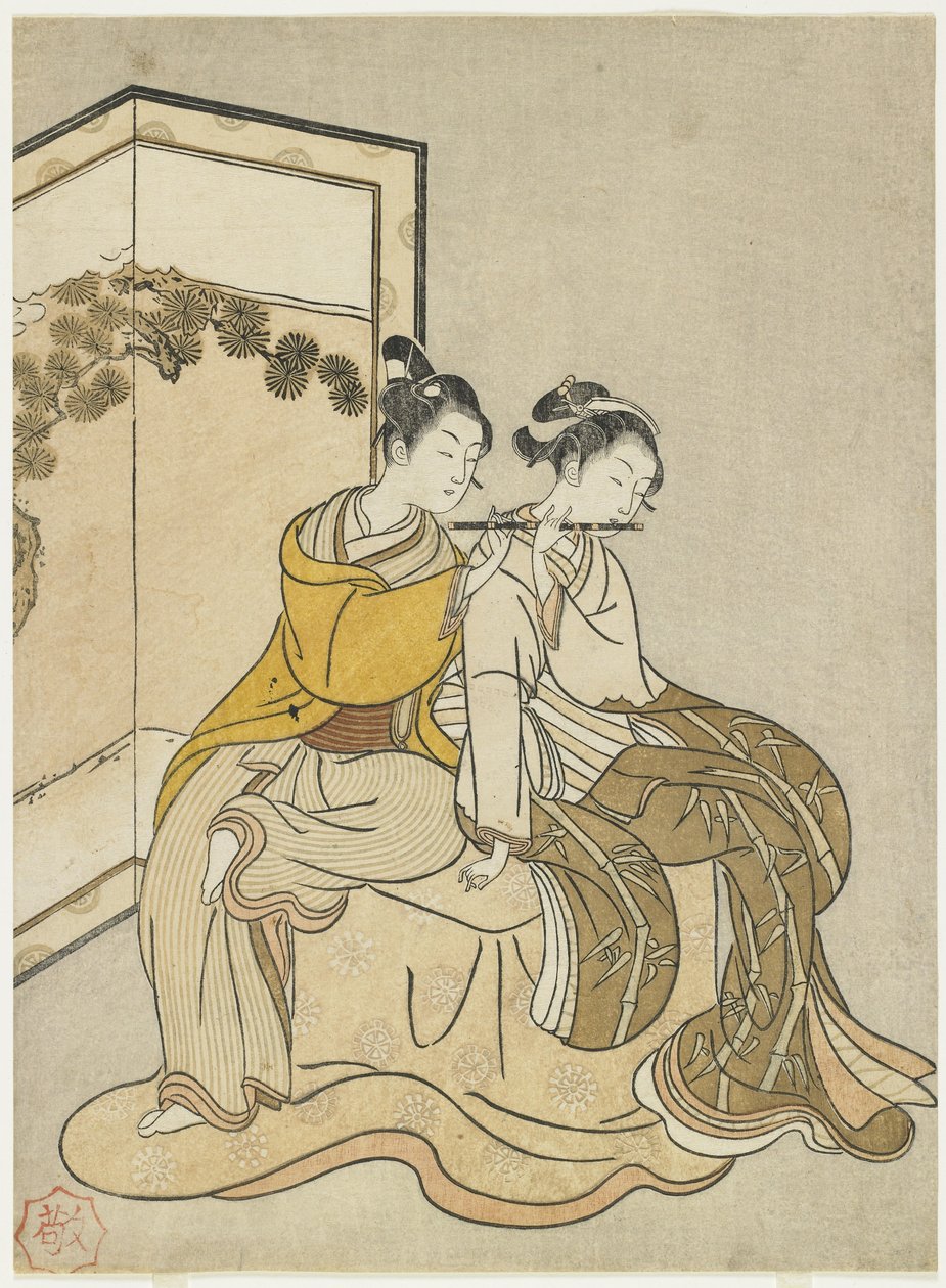 Kalendertryck för Meiwa 2 and a Mitate of Emperor Xuanzong and Yang Guifei, 1765 av Suzuki Harunobu