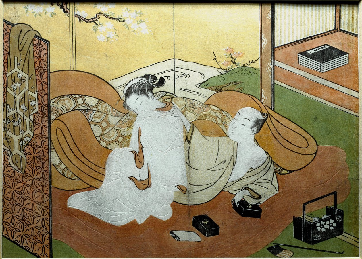 Ett par älskare liggande i en interiör med skärm, kalligrafilåda Nishiki-e print (Nishiki e) av Suzuki Harunobu (1725-cirka 1770) 1765 ca. Sol. 20,6x27,8 cm Privat samling av Suzuki Harunobu
