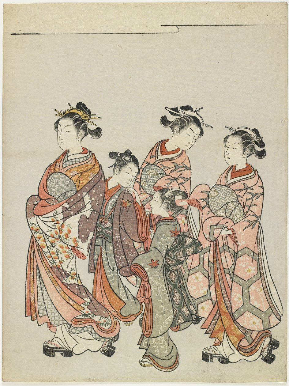Kurtisan med följeslagare på parad, efter 1766 av Suzuki Harunobu