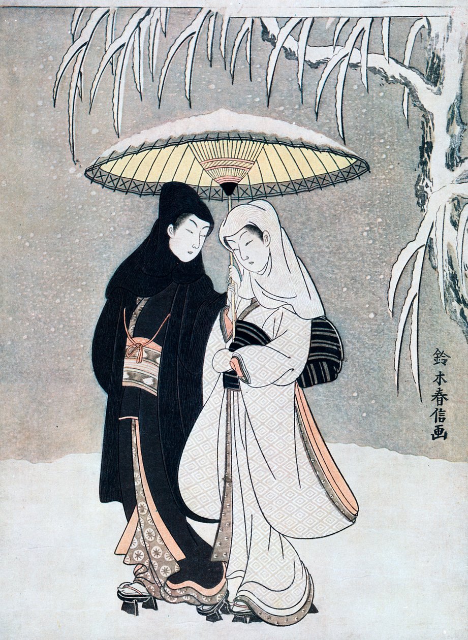 Kråka och häger, eller unga älskare som går tillsammans under ett paraply i en snöstorm, c1769. av Suzuki Harunobu
