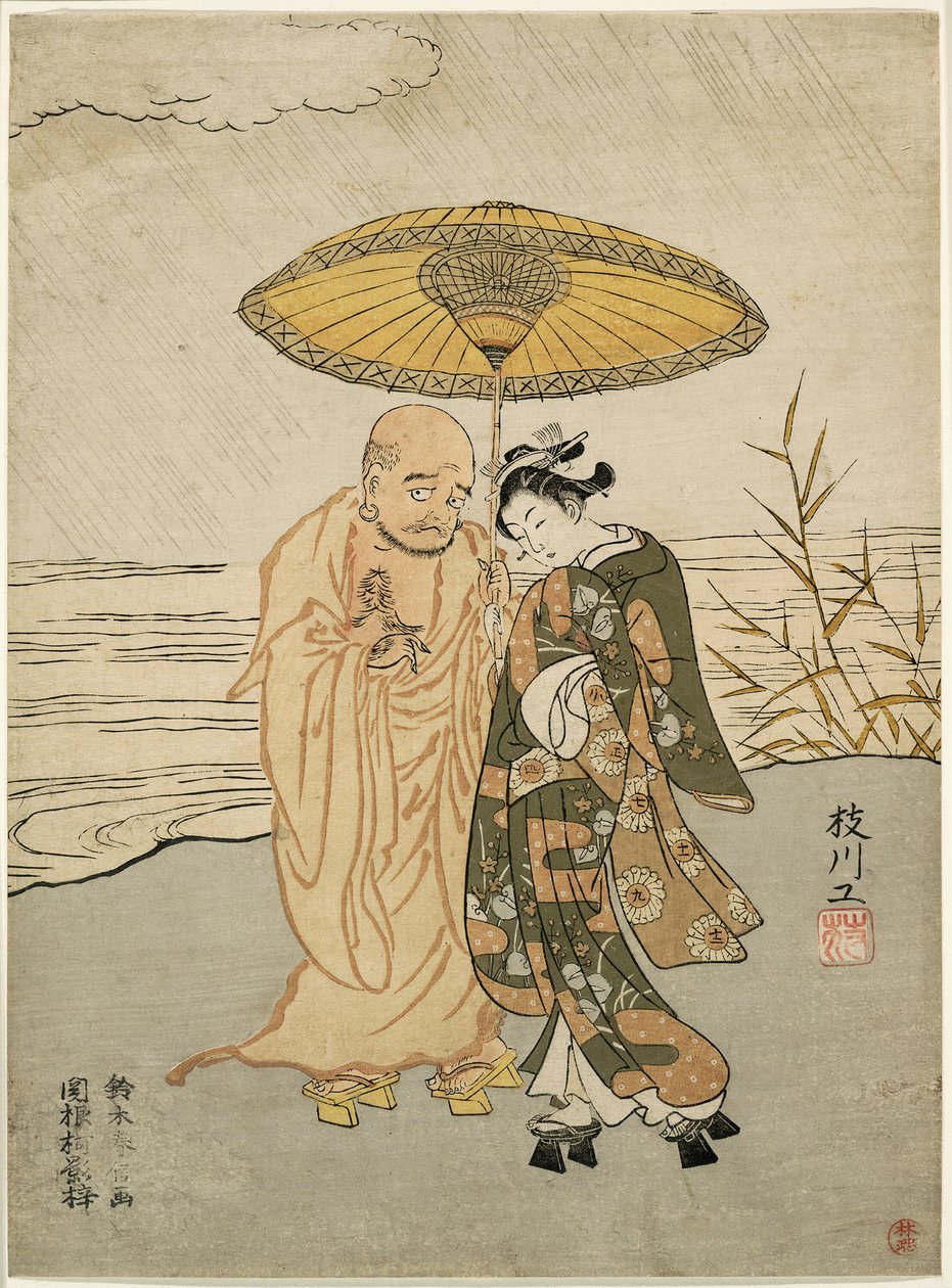 Daruma och en ung kvinna i regnet av Suzuki Harunobu