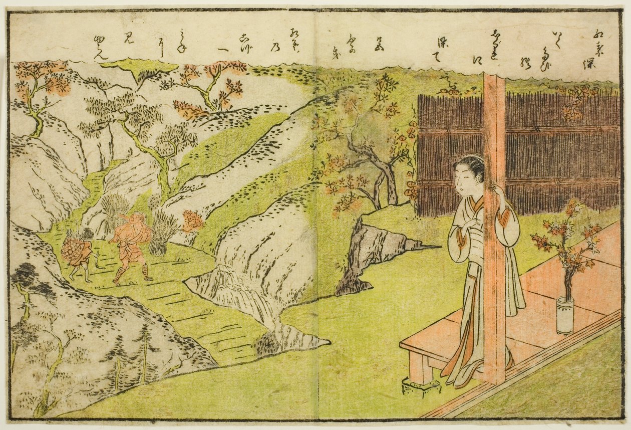 Dubbelsidig illustration från Vol. 1 av "Picture Book of Spring Brocades (Ehon haru no nishiki)" av Suzuki Harunobu