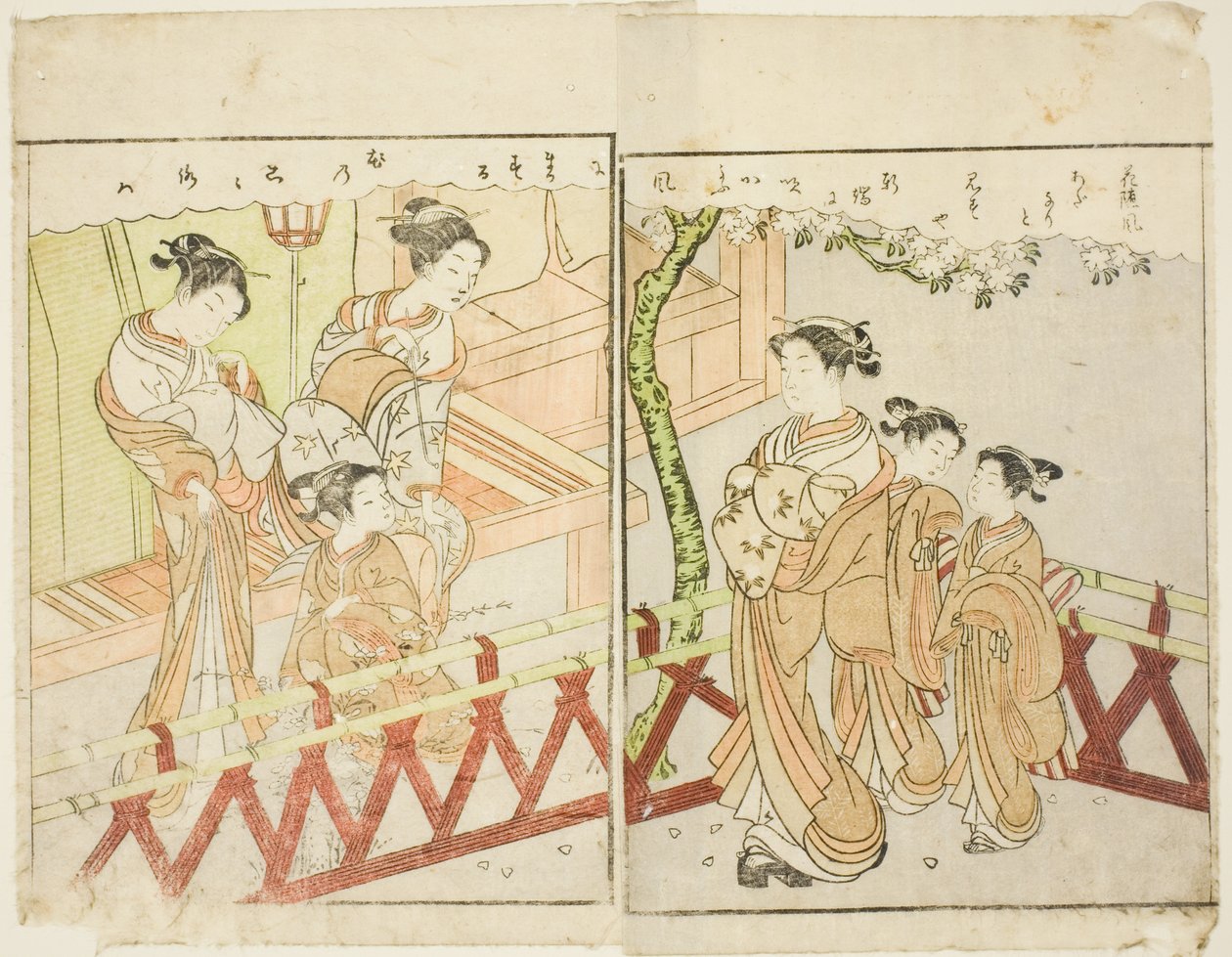 Dubbelsidig illustration från Vol. 2 av "Picture Book of Spring Brocades (Ehon haru no nishiki)" av Suzuki Harunobu