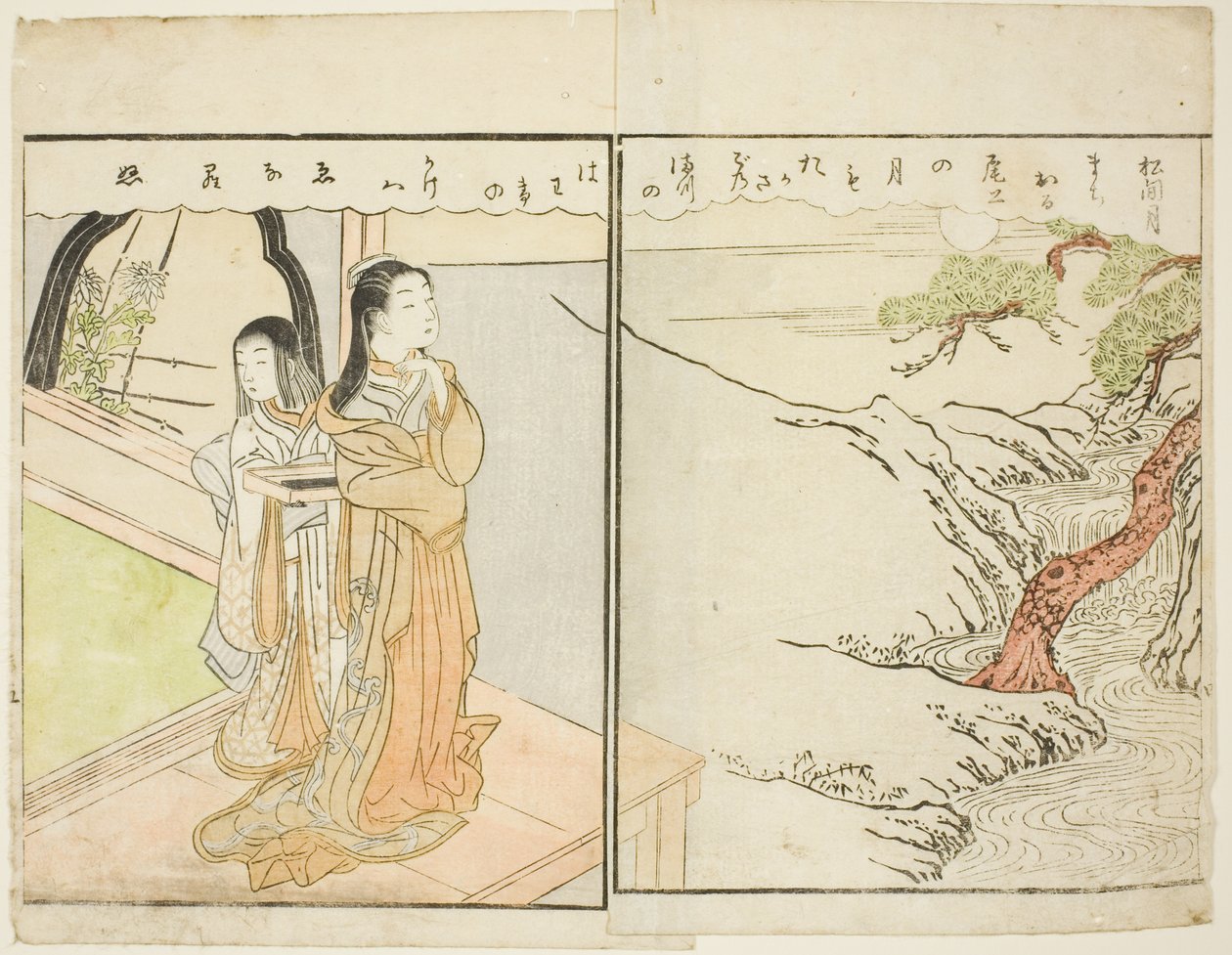 Dubbelsidig illustration från Vol. 2 av "Picture Book of Spring Brocades (Ehon haru no nishiki)" av Suzuki Harunobu
