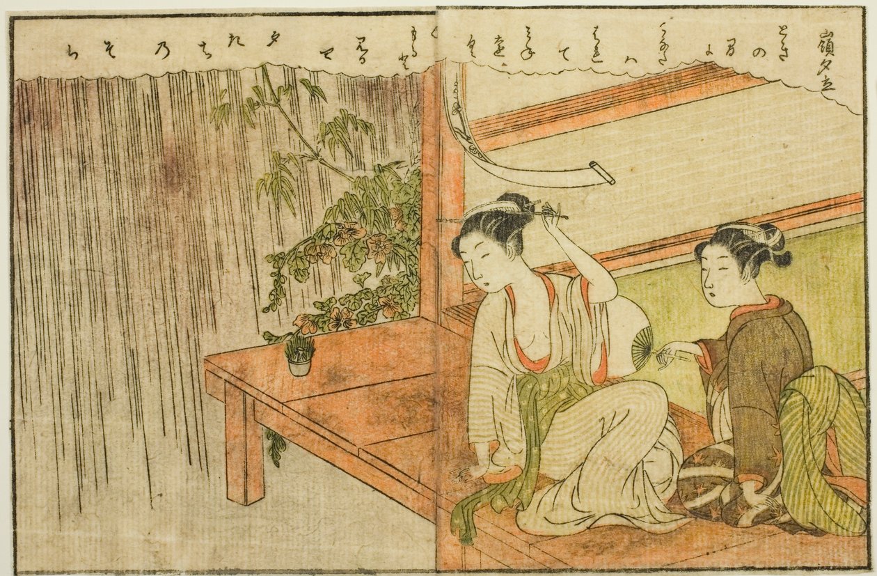 Dubbelsidig illustration från Vol. 2 av "Picture Book of Spring Brocades (Ehon haru no nishiki)" av Suzuki Harunobu