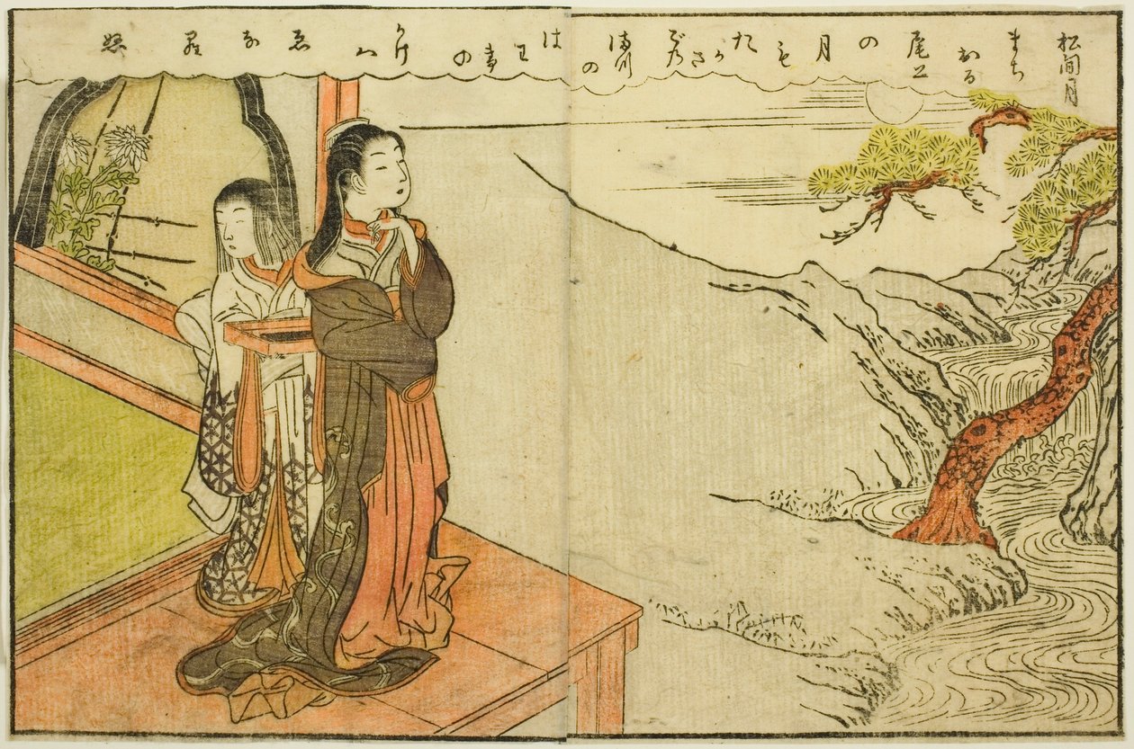 Dubbelsidig illustration från Vol. 2 av "Picture Book of Spring Brocades (Ehon haru no nishiki)" av Suzuki Harunobu