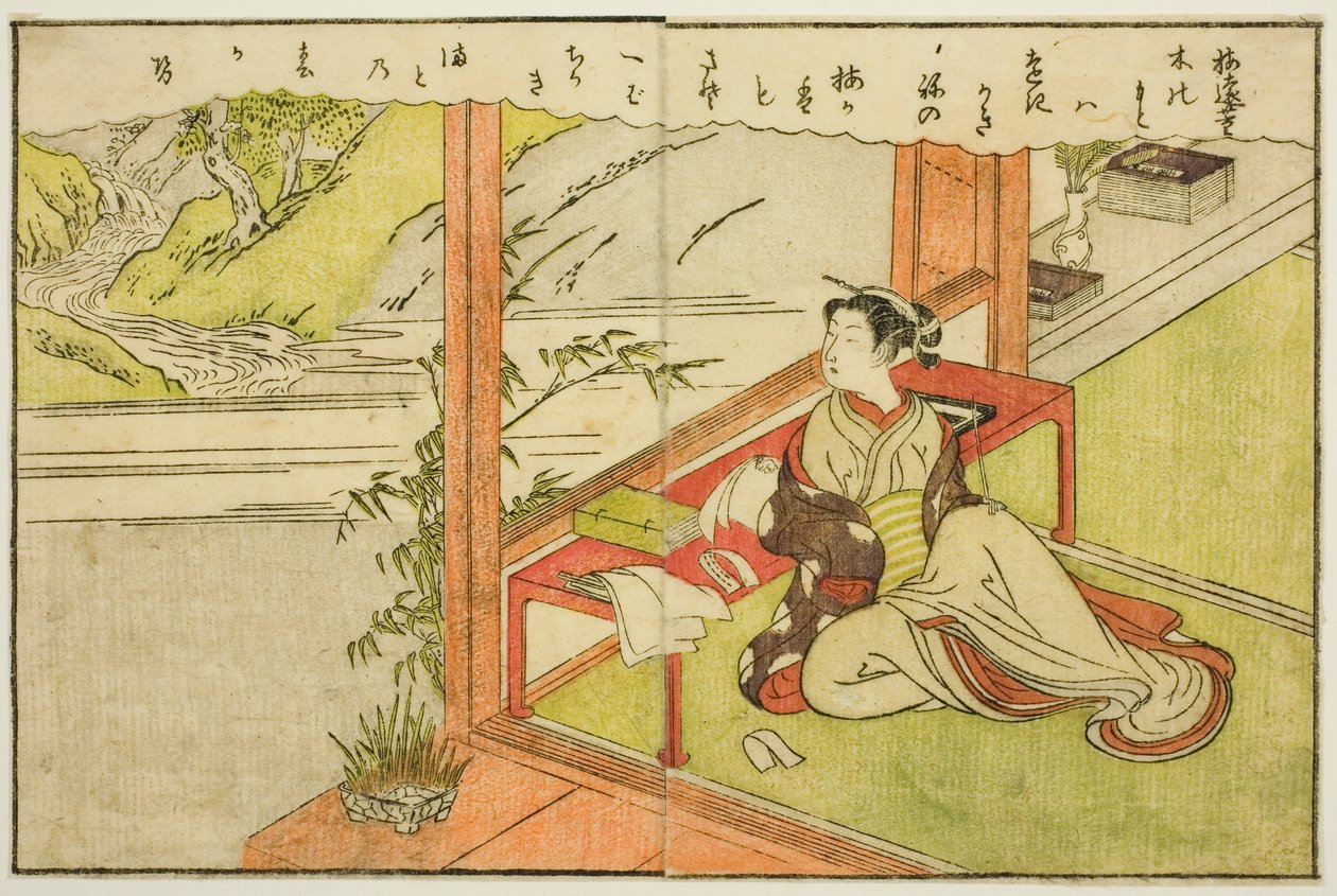 Dubbelsidig illustration från Vol. 2 av "Picture Book of Spring Brocades (Ehon haru no nishiki)" av Suzuki Harunobu