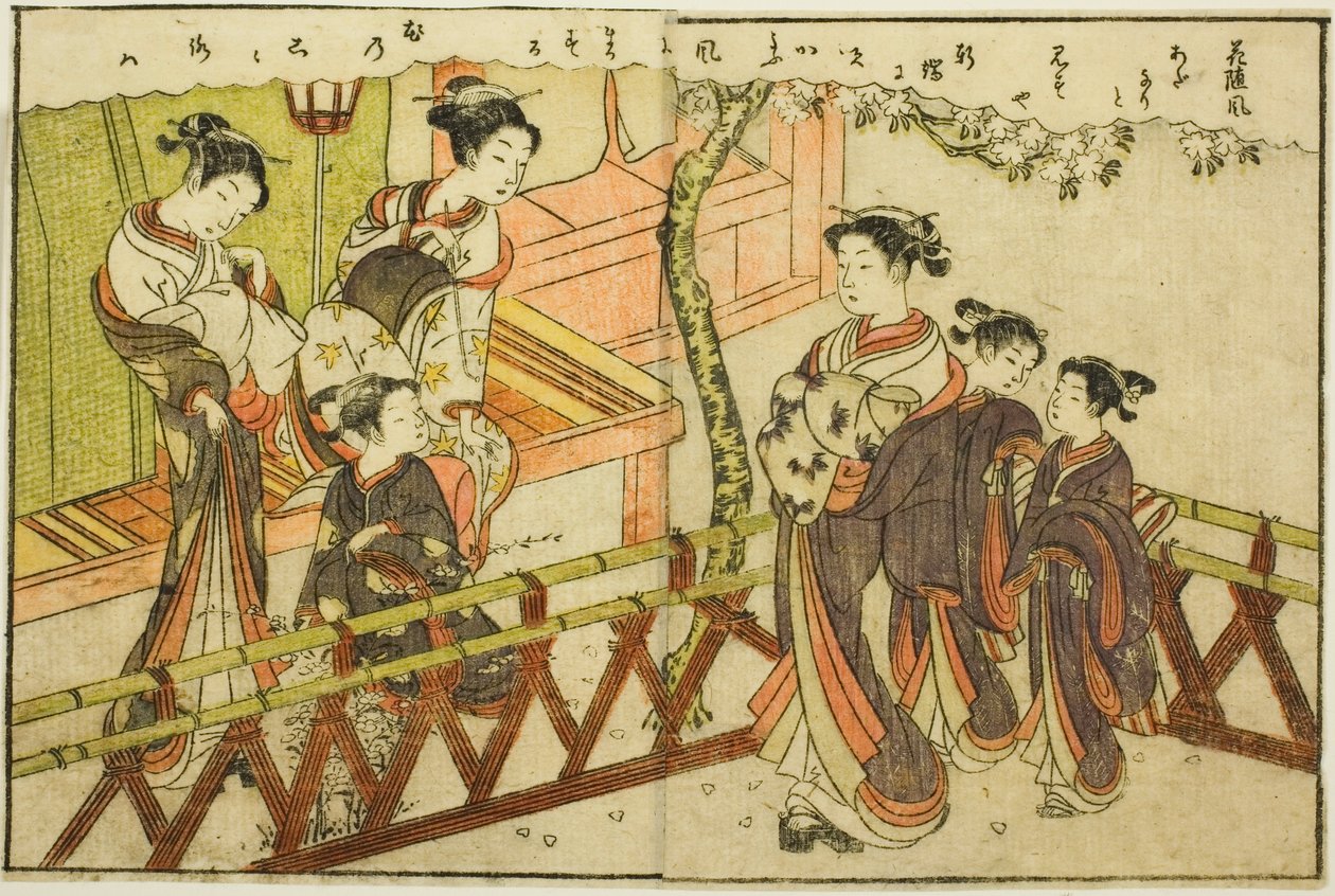 Dubbelsidig illustration från Vol. 2 av "Picture Book of Spring Brocades (Ehon haru no nishiki)" av Suzuki Harunobu