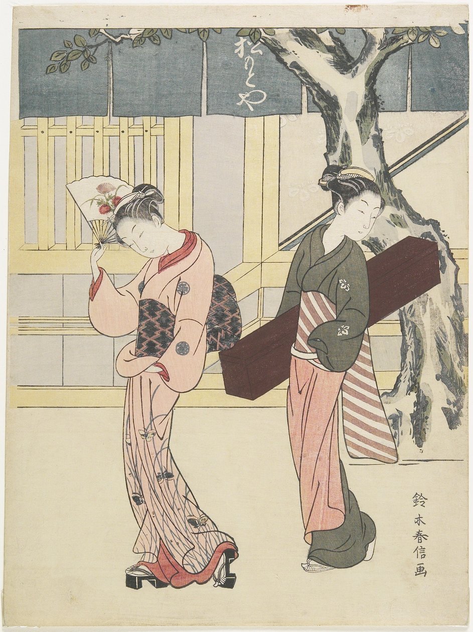 Underhållare och hennes skötare framför Matsumoto-ya, ca. 1768 av Suzuki Harunobu