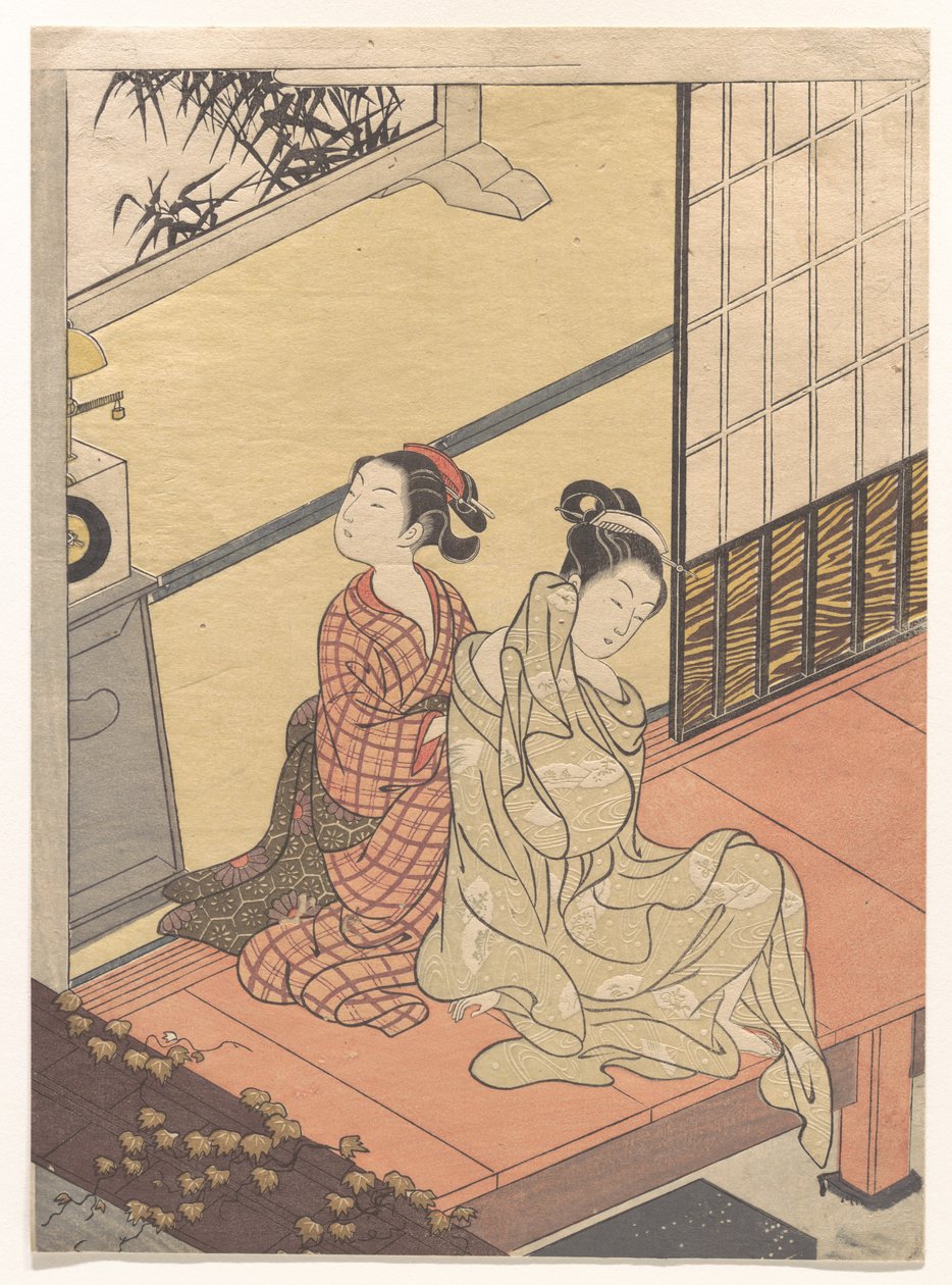 Klockans aftonklockslag (Tokei no banshō), ur serien ”Åtta salongsvyer” (Zashiki hakkei) av Suzuki Harunobu