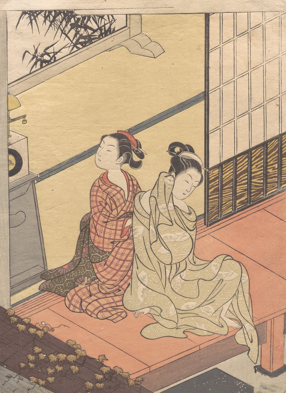 Evening Chime of the Clock Tokei no bansho, från serien "Eight Parlour Views" Za..., ca. 1766. av Suzuki Harunobu