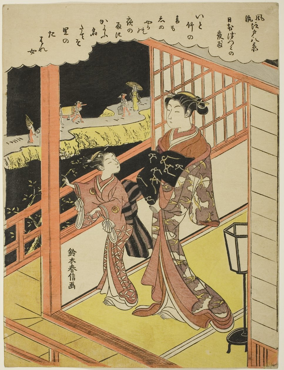 Kvällsregn vid Nihonzutsumi (Nihonzutsumi no yau), från serien "Åtta fashionabla vyer av Edo (Furyu Edo hakkei)", ca 1768-69 (träsnitt i färg; chuban) av Suzuki Harunobu