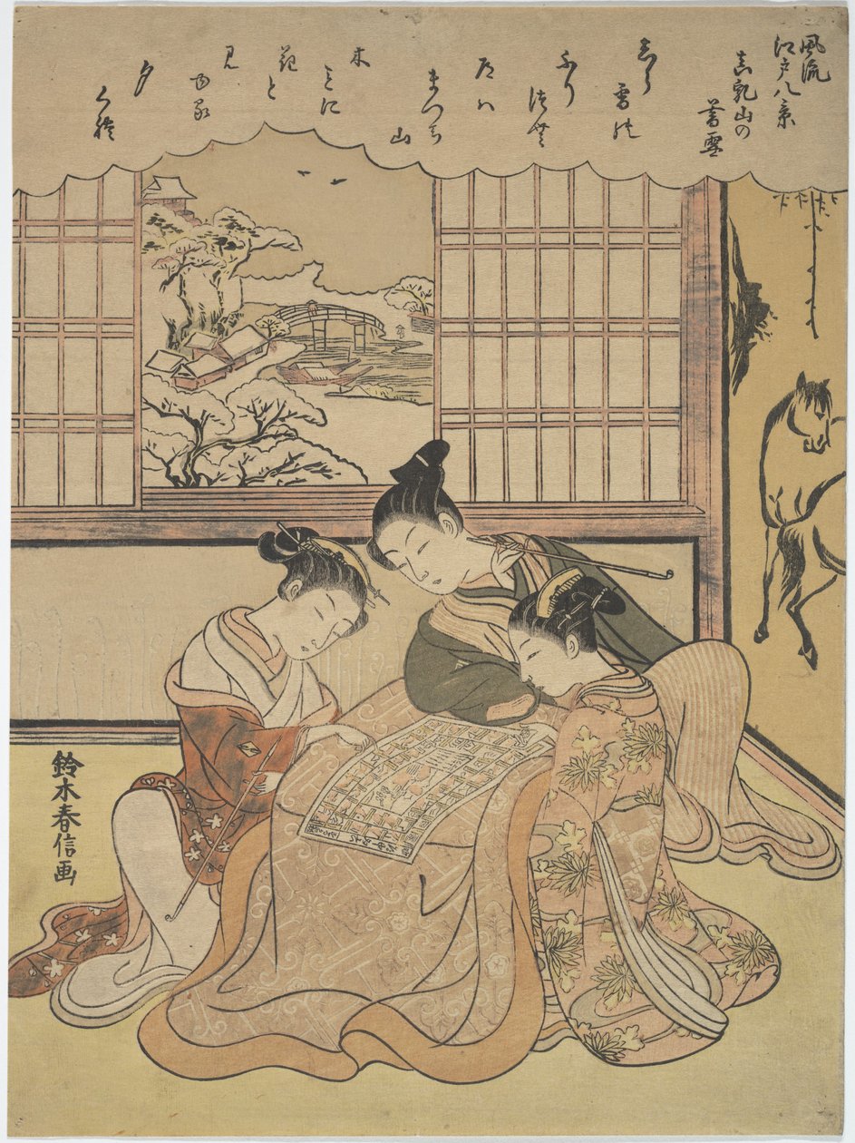 Kvällssnö på Matsuchi-kullen, ur serien Åtta moderiktiga vyer över Edo (Furyu Edo hakkei) av Suzuki Harunobu