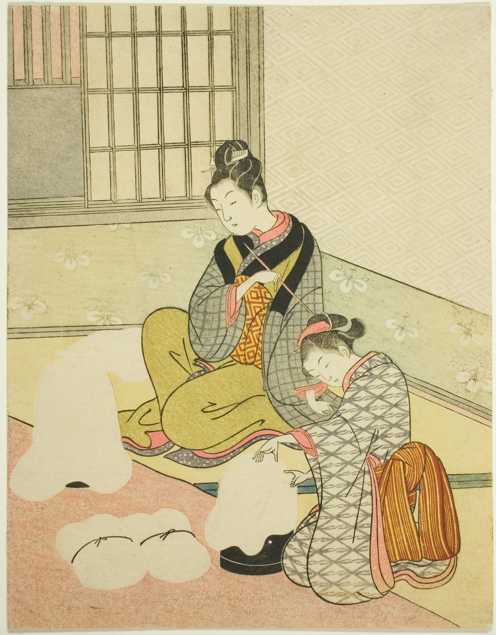 Evening Snow on a Floss Shaper (Nurioke no bosetsu), från serien "Eight Views of the Parlour (Zashiki hakkei)" av Suzuki Harunobu