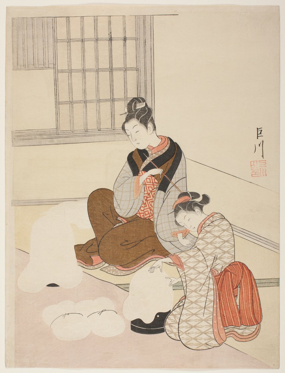 Evening Snow on a Floss Shaper (Nurioke no bosetsu), från serien "Eight Views of the Parlour (Zashiki hakkei)" av Suzuki Harunobu