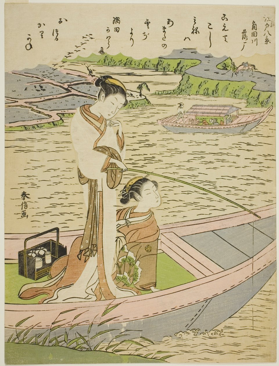 Gäss nedstigande på Sumidafloden (Sumidagawa no rakugan), från serien "Eight Fashionable Views of Edo (Furyu Edo hakkei)" av Suzuki Harunobu