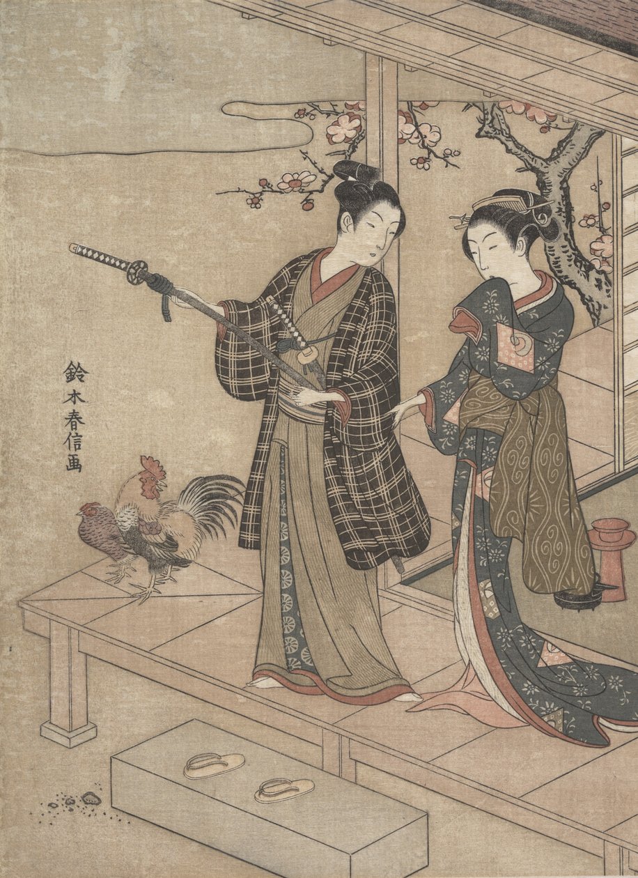 Gentleman tar avsked av sin fru på en veranda. av Suzuki Harunobu