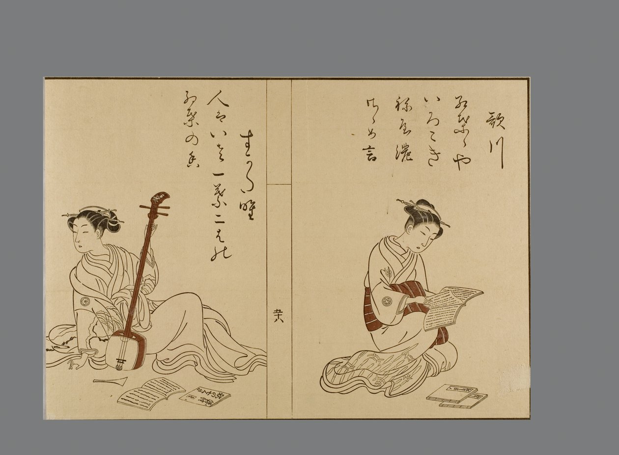 Harunobu stil skönheter som läser och poserar med samisen av Suzuki Harunobu