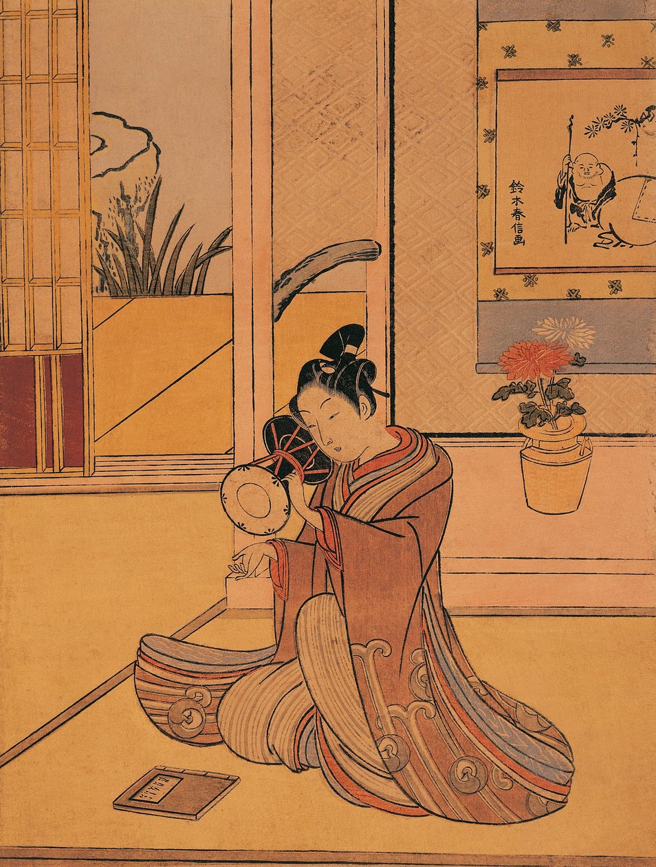 Italien, Genua, Ung man spelar trumman av Suzuki Harunobu (cirka 1725-1770), träsnitt av Suzuki Harunobu