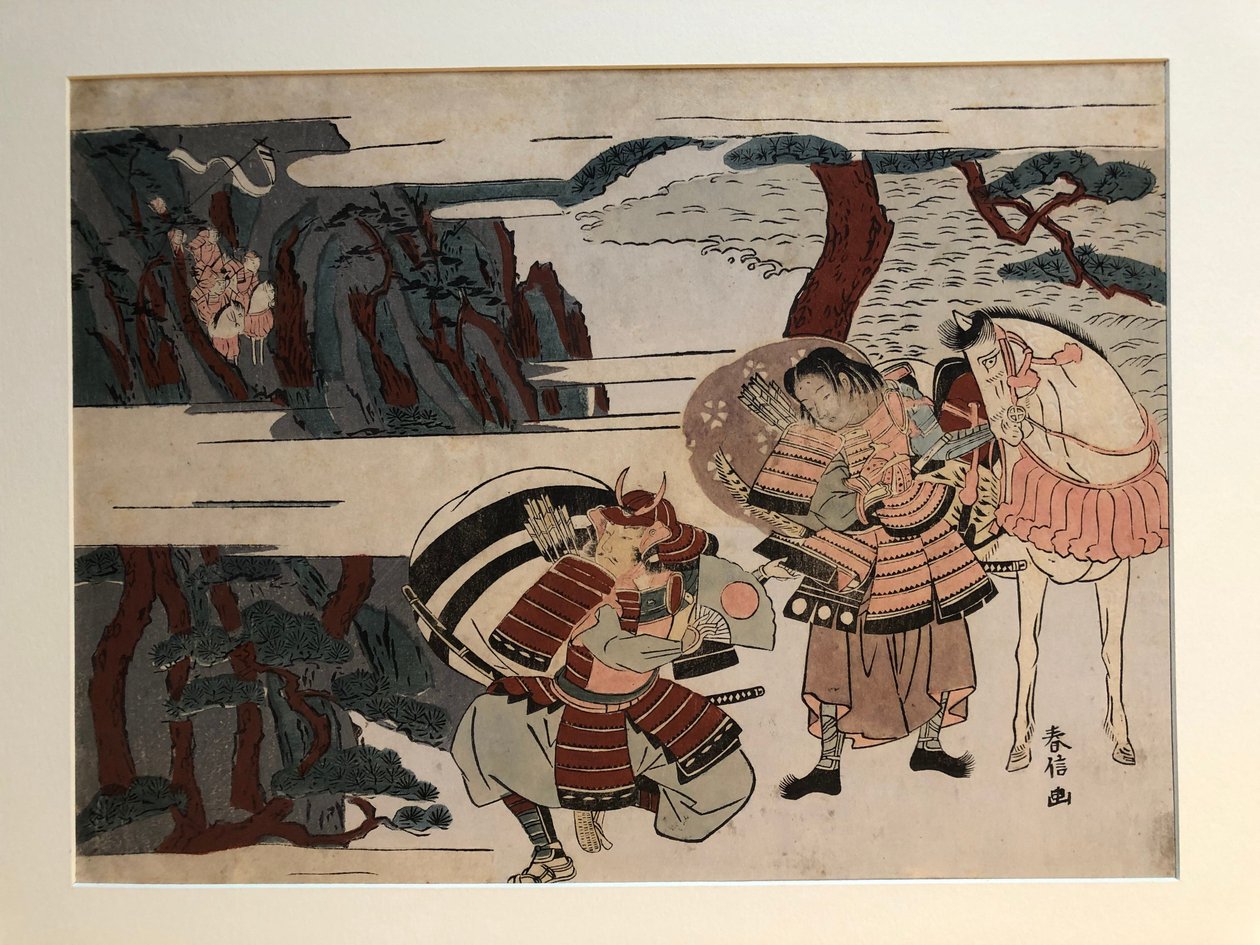 Kumagai Naozane tillfångatar Taira no Atsumori vid Ichi-no-tani av Suzuki Harunobu