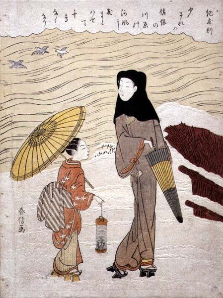 Bibi na Kijakazi Wakitembea kando ya Mto, c.1767 (mchoro wa mbao wenye kupepesa macho) av Suzuki Harunobu
