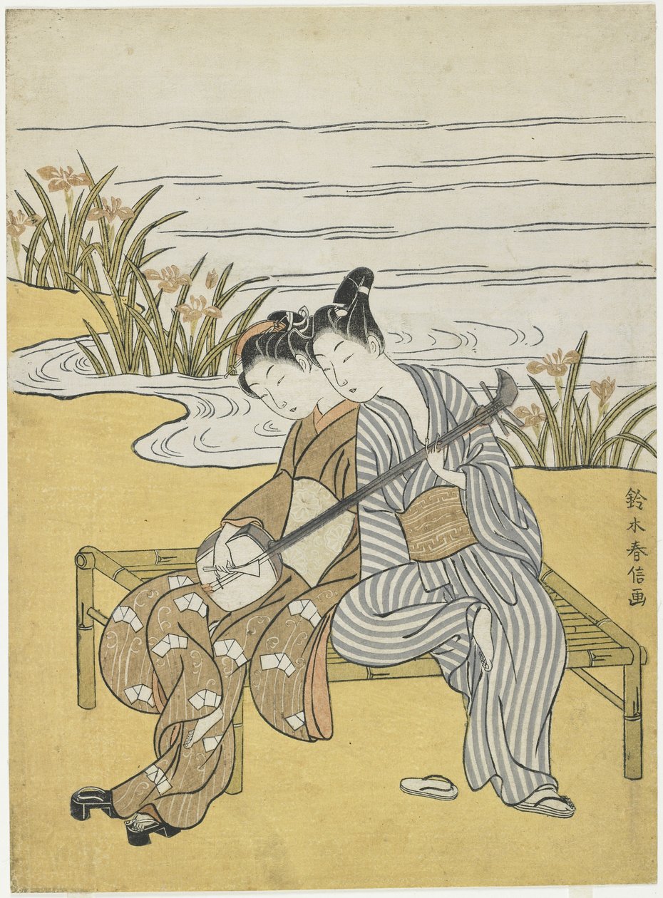 Älskare som spelar samma shamisen som Mitate av kejsar Xuanzong och Yang Guifei, ca 1767 av Suzuki Harunobu