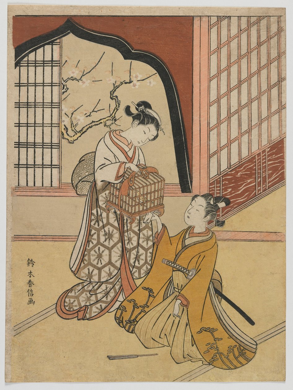 Älskare med en fågelbur, Edo-period, ca 1766-67 (trätryck i färg) av Suzuki Harunobu
