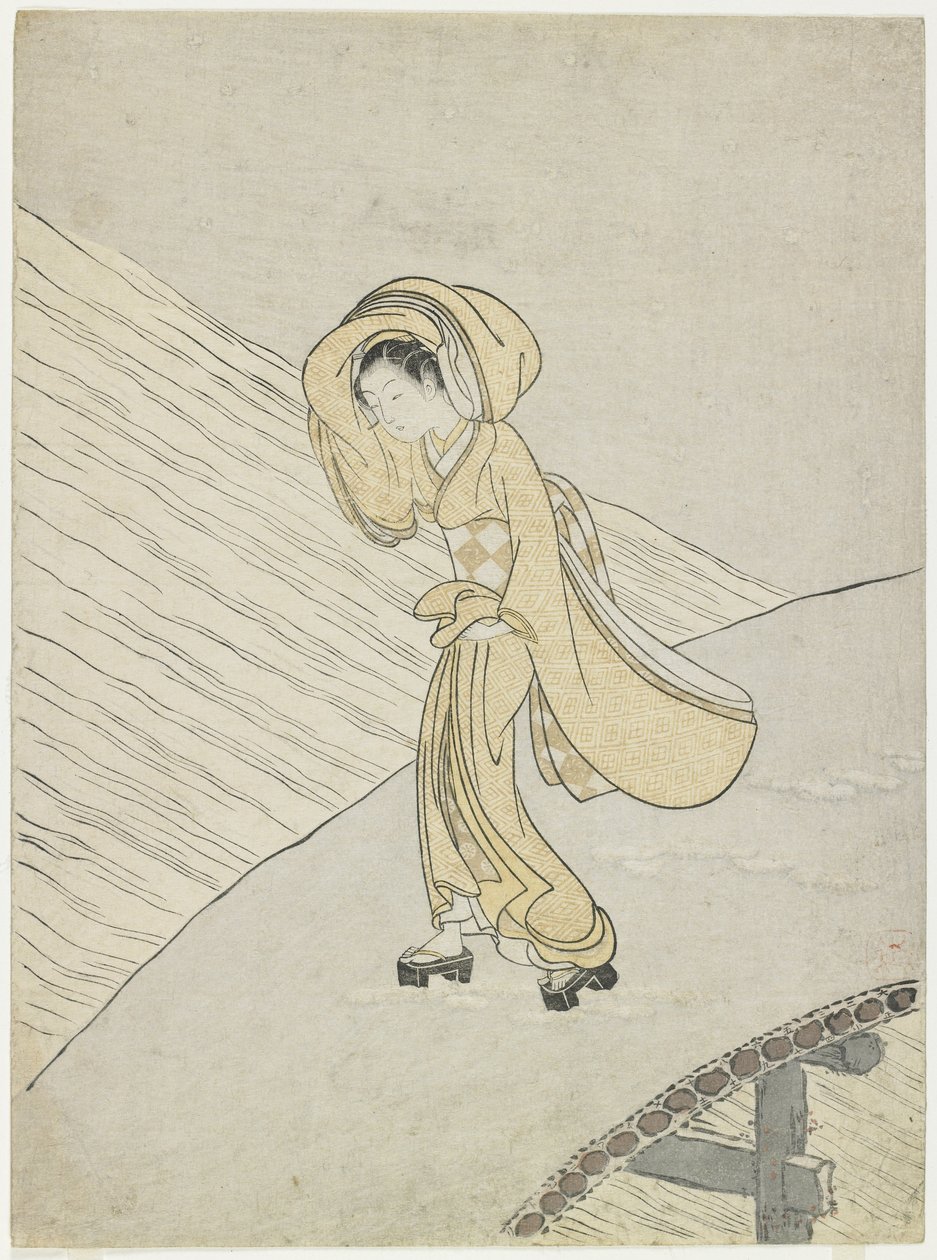 Mitate av Fujiwara no Teikas dikt om att korsa Sano, 1765 av Suzuki Harunobu