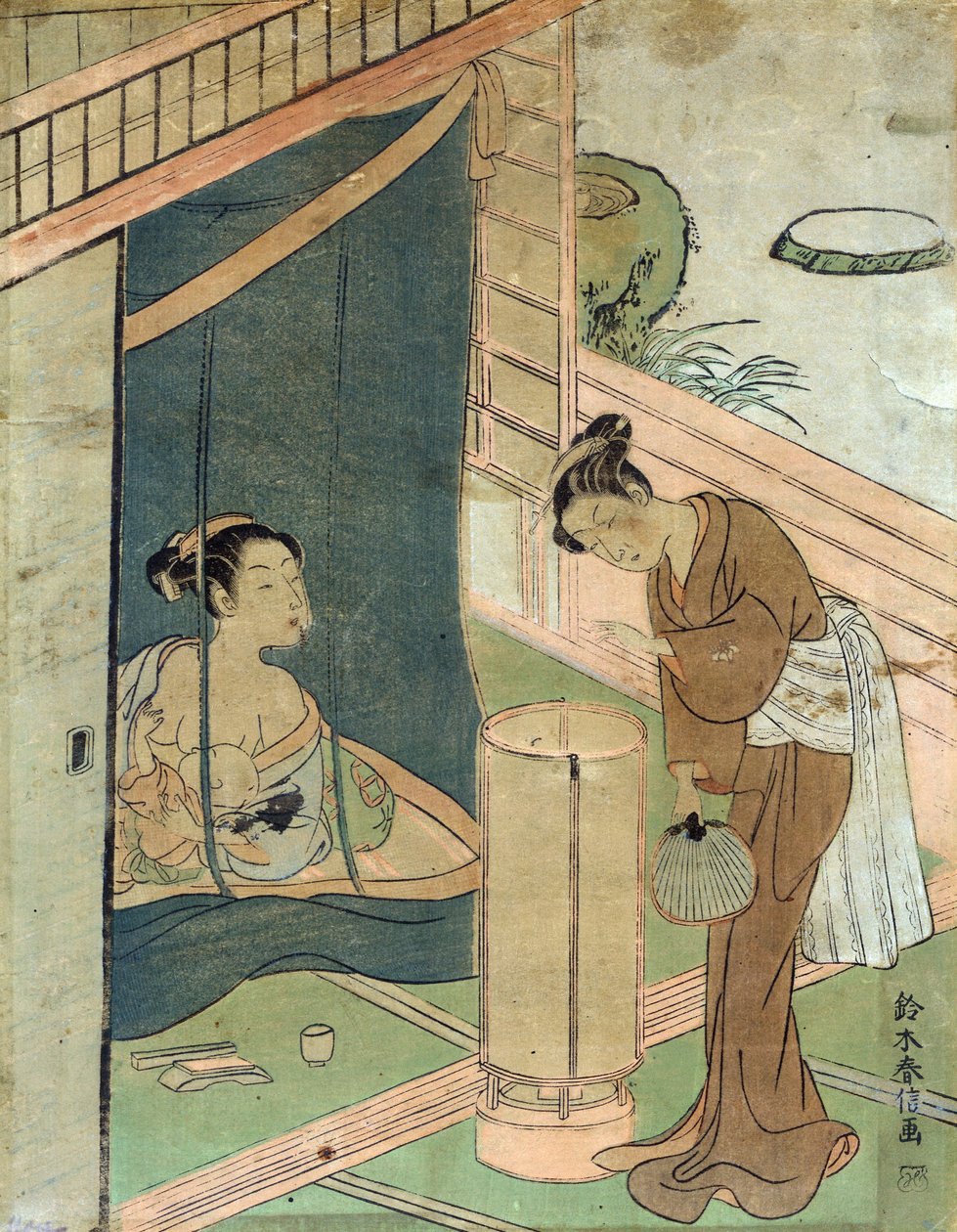 Mor och barn bakom myggnät av Harunobu Suzuki, en japansk designer av träklosstryckkonstnär i Ukiyo-e-stil. av Suzuki Harunobu