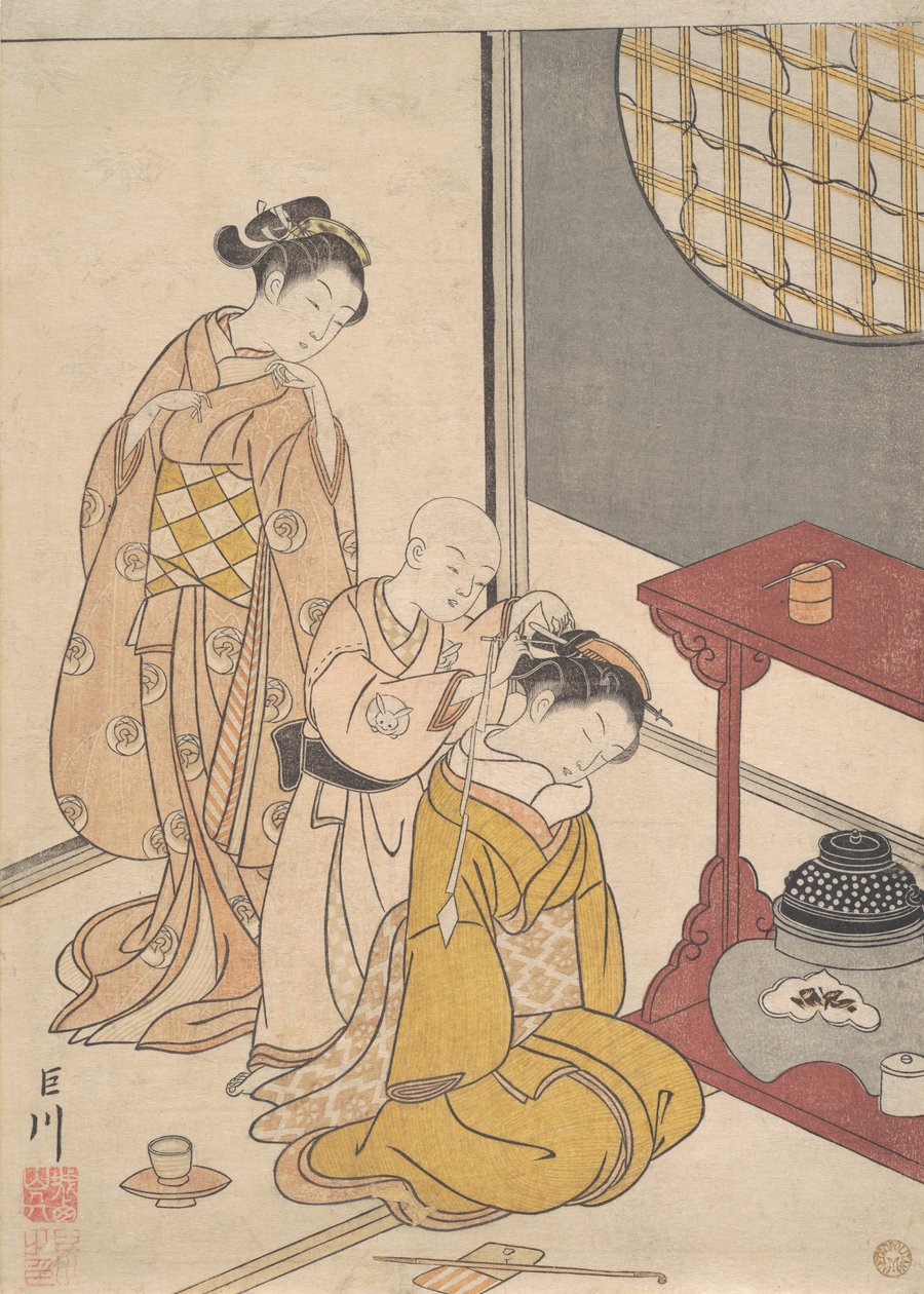 Night Rain at the Double-Shelf Stand, ca. 1766 (træbloktryk) swed av Suzuki Harunobu