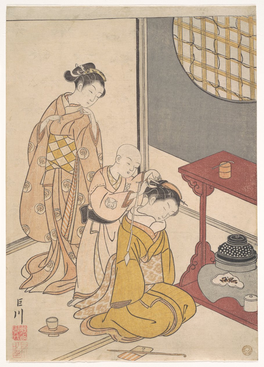 Nattregn vid stället med dubbel hylla, ur serien Åtta salongsvyer (Zashiki hakkei) av Suzuki Harunobu