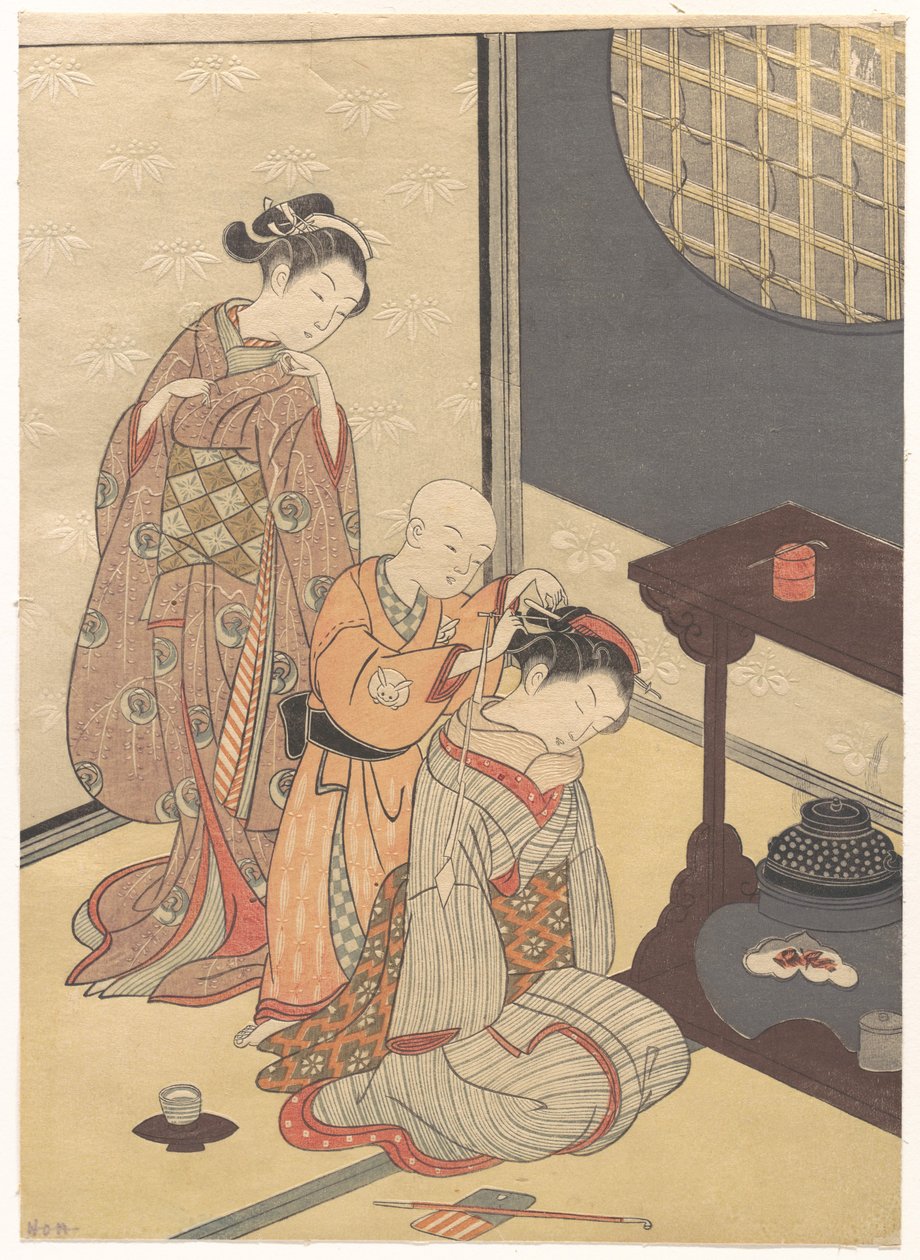 Nattregn vid ståndet med dubbel hylla, ur serien Åtta salongsvyer (Zashiki hakkei) av Suzuki Harunobu