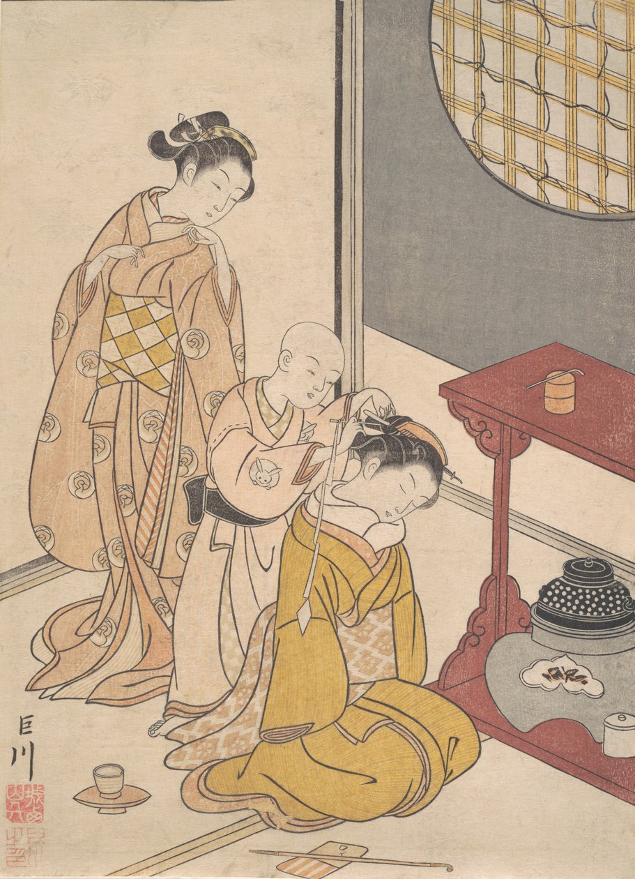 Night Rain at the Double-Shelf Stand, från serien Eight Parlour Views Zashiki hakk..., ca. 1766. av Suzuki Harunobu