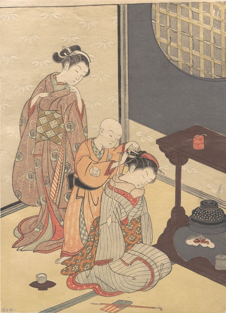 Night Rain at the Double-Shelf Stand, från serien Eight Parlour Views ..., ca. sent 1700-tal. av Suzuki Harunobu