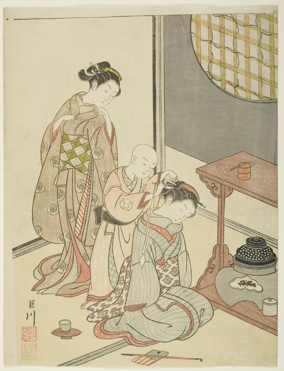 Night Rain of the Tea Stand (Daisu no yau), från serien "Eight Views of the Parlour (Zashiki hakkei)" av Suzuki Harunobu