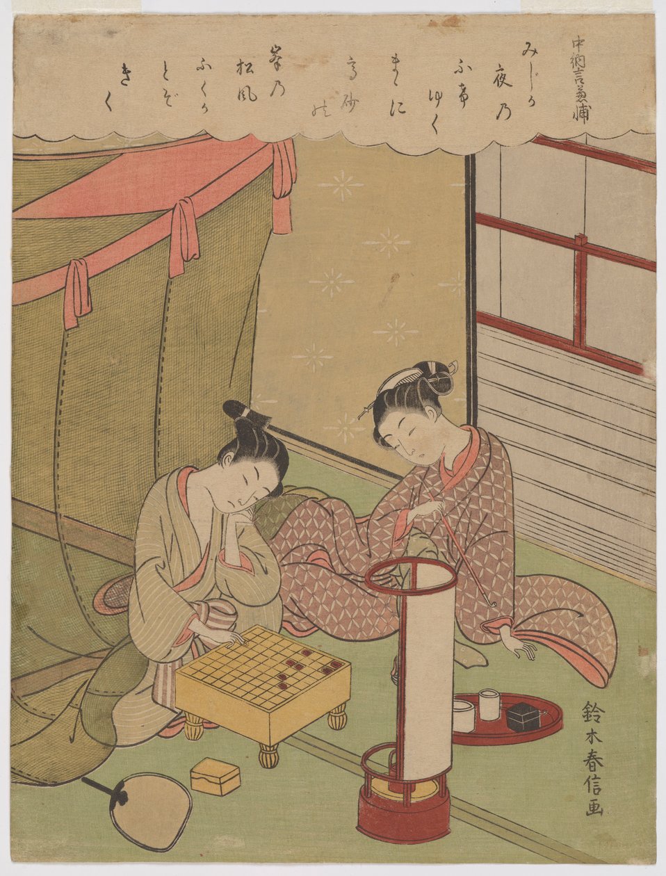 Oiran och en ung man som spelar shogi en sommarkväll i Yoshiwara av Suzuki Harunobu
