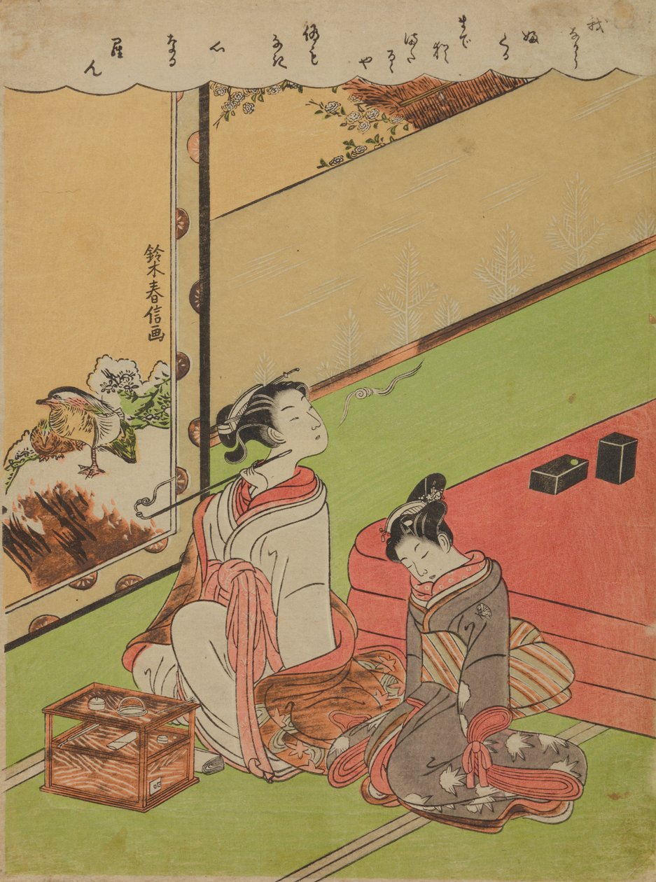 Oiran som röker pipa och hennes slumrande tjänarinna av Suzuki Harunobu