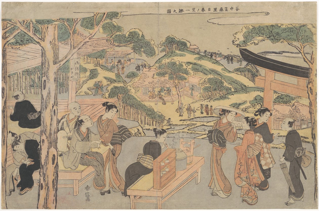 Osen från tehuset Kagiya vid Kasamori-helgedomen med utsikt över Nippori i Yanaka av Suzuki Harunobu