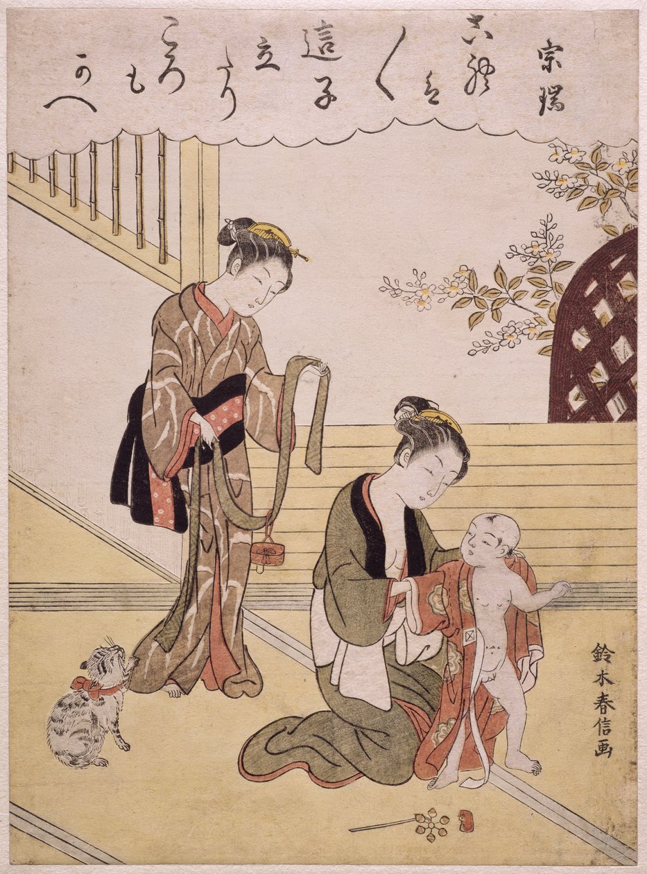 P.312-1941 En mamma klär sin unge son i en kimono, (träblockstryck i färg) av Suzuki Harunobu