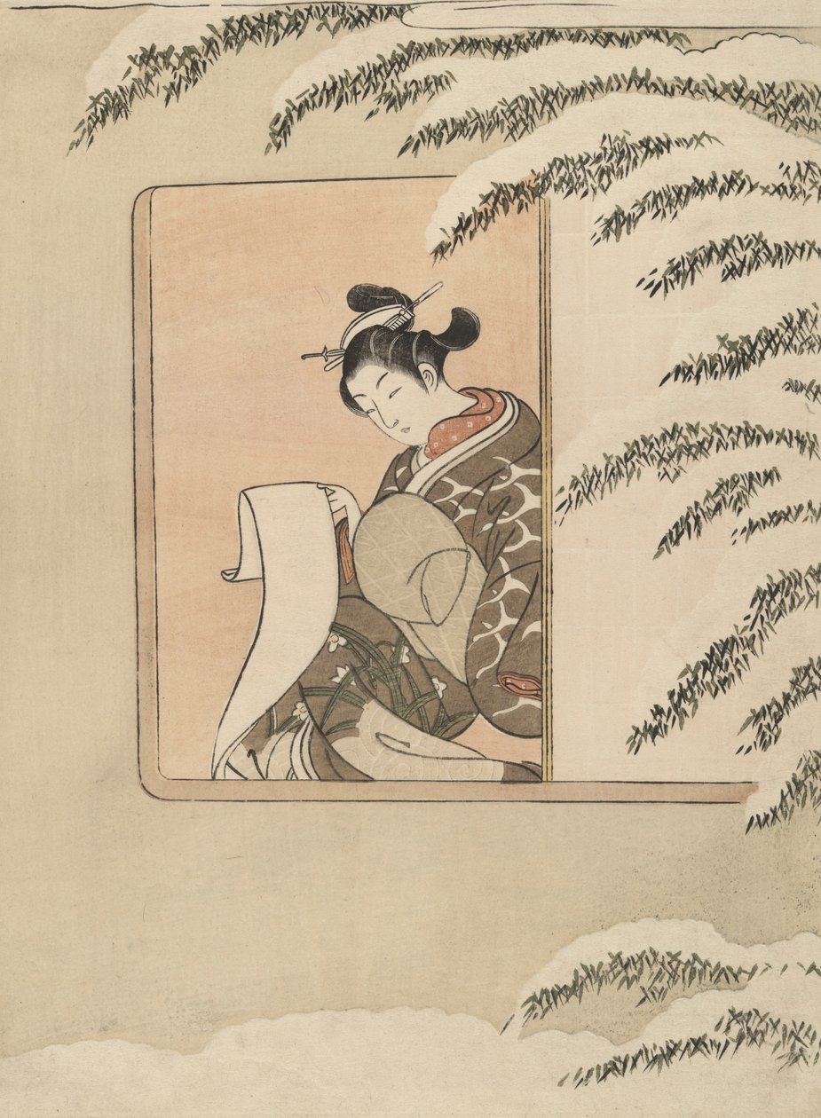 Parodi på Sun Kang, även känd som Snow by the Window av Suzuki Harunobu