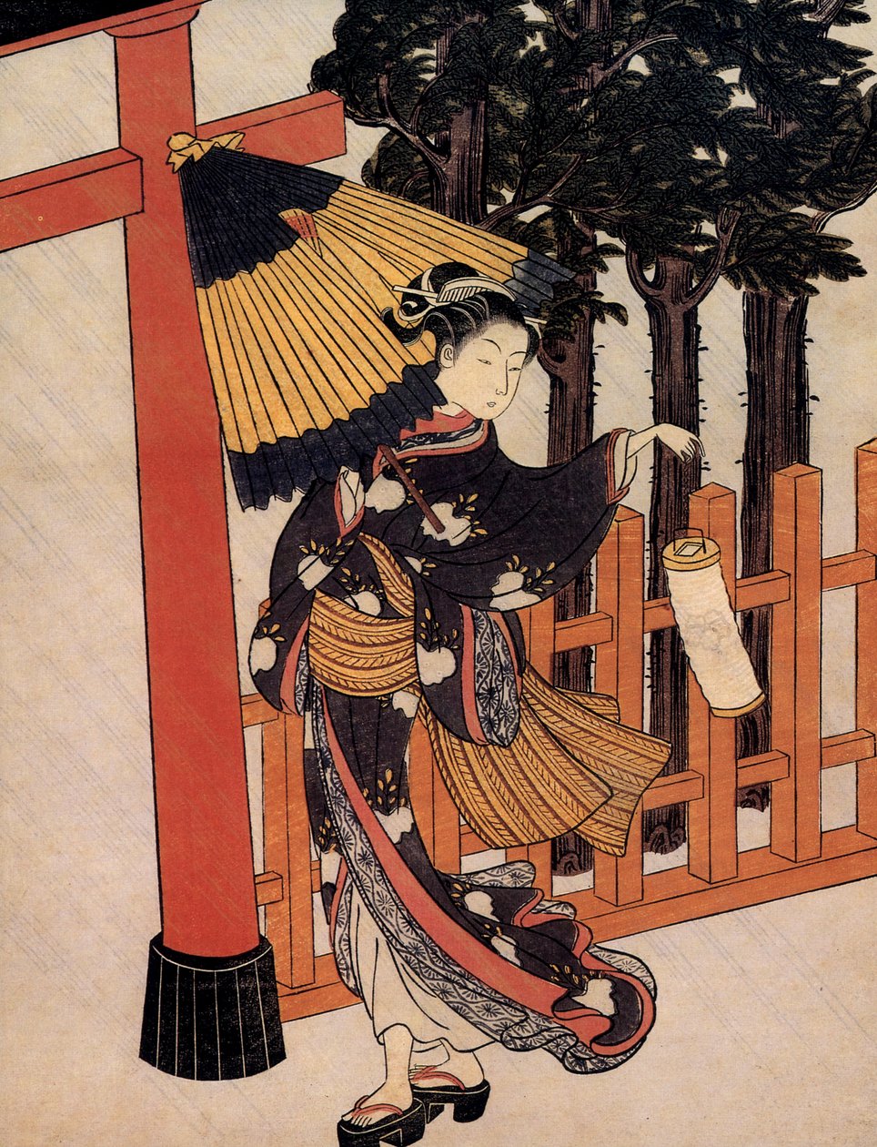 Pilgrimsfärd en regnig natt, japansk stämpel av Suzuki Harunobu (ca 1724 1770) av Suzuki Harunobu