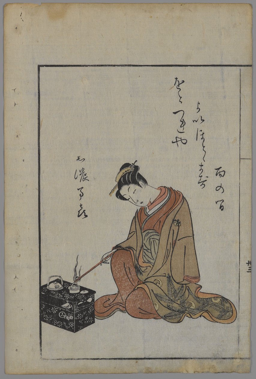 Seated Beauty, Edo Period (træblok farvetryk) swed av Suzuki Harunobu