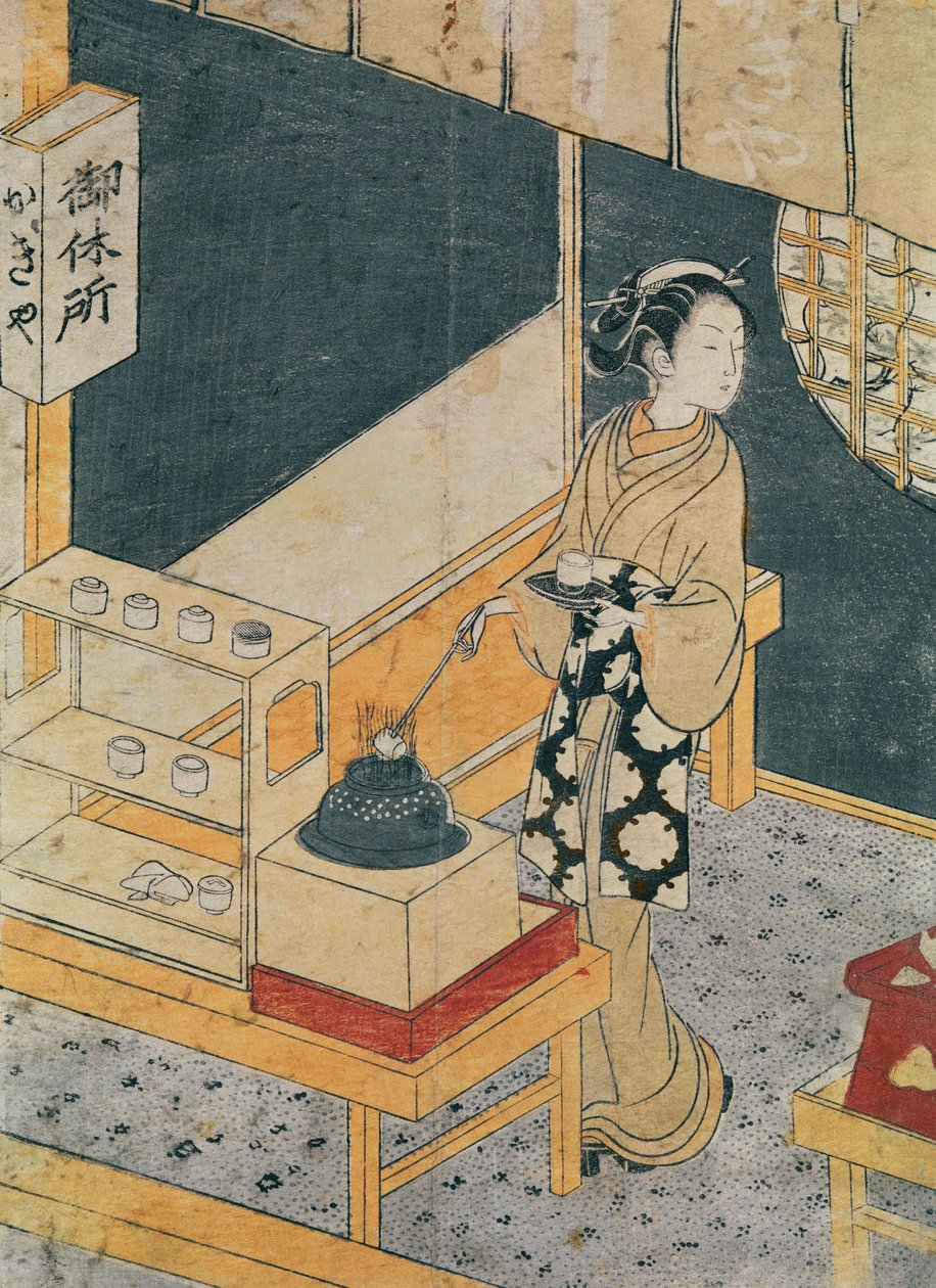 Tjänare som gör te (träsnitt i färg) av Suzuki Harunobu